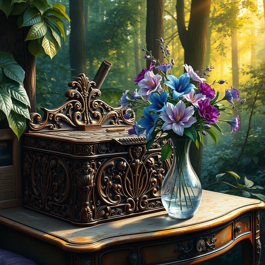 Ornate Carved Box and Flowers in Art Nouveau Style