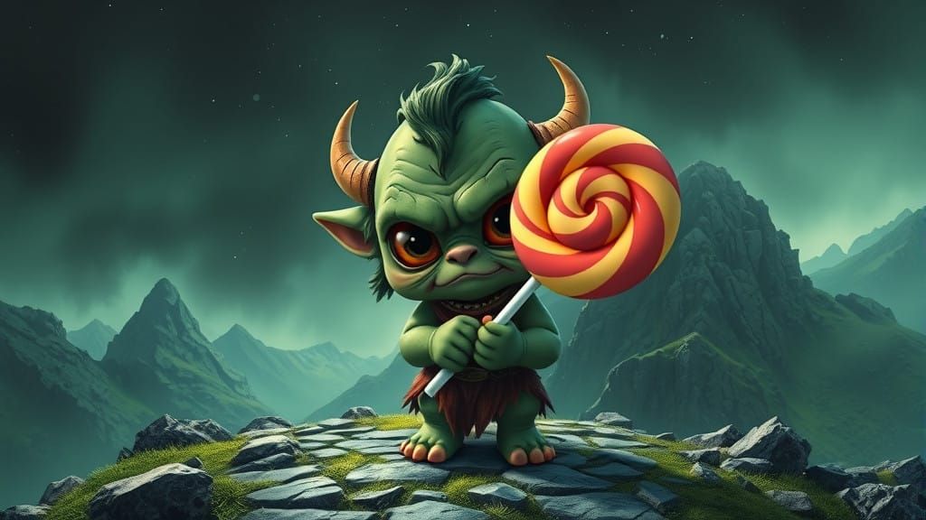 Chibi Orc Holds Giant Lollipop on Rocky Mountain Road
