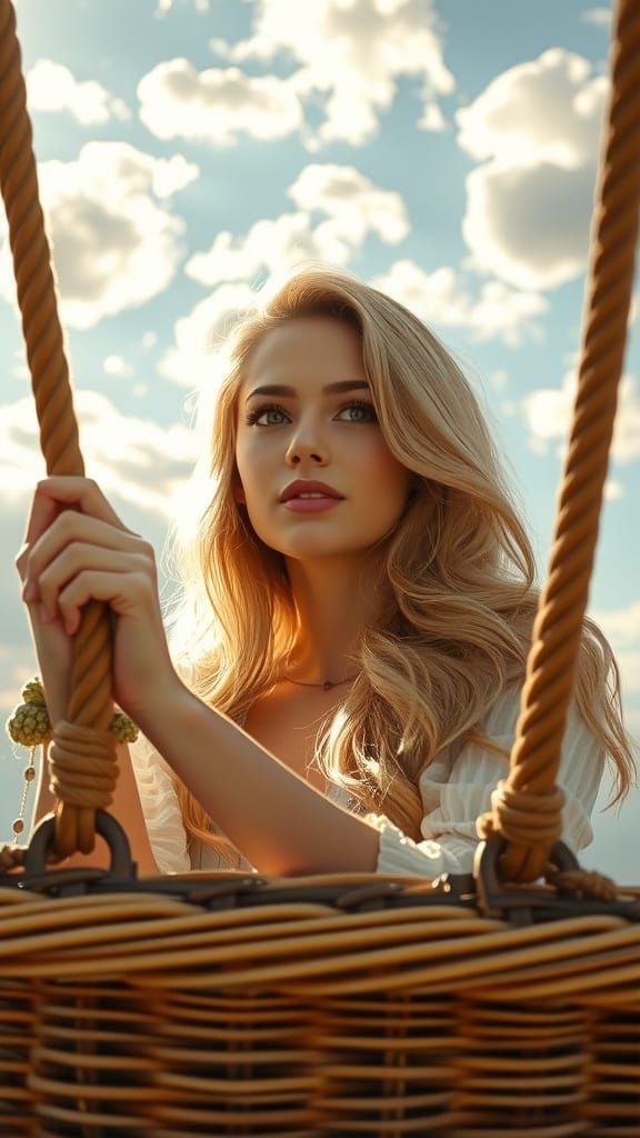 Woman Ascending in Hot Air Balloon with Ethereal Glow