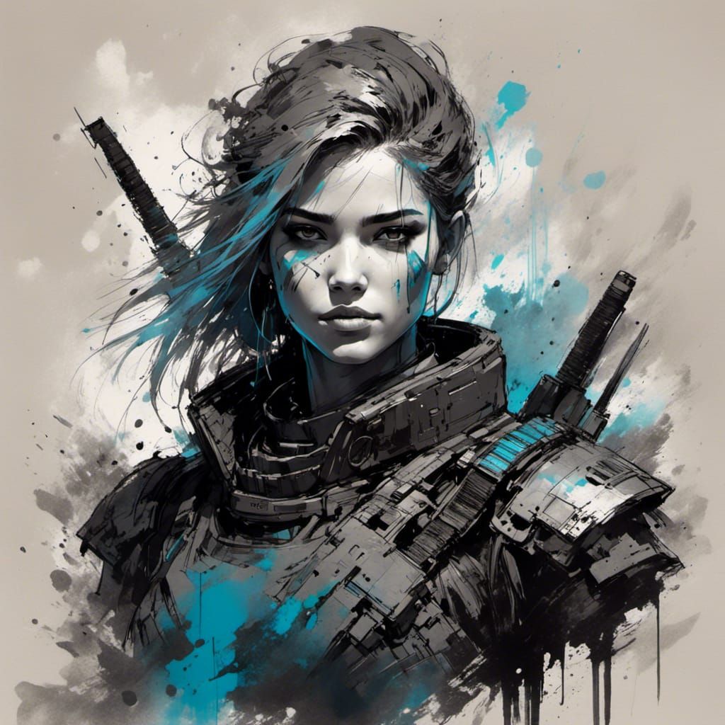 Cyberpunk Warrior: Dynamic Ink Sketch