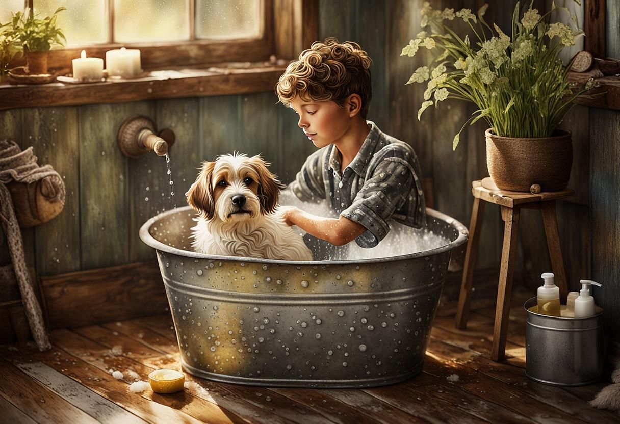 Boy Bathes Dog in Zinc Tub, Whimsical Folk Art