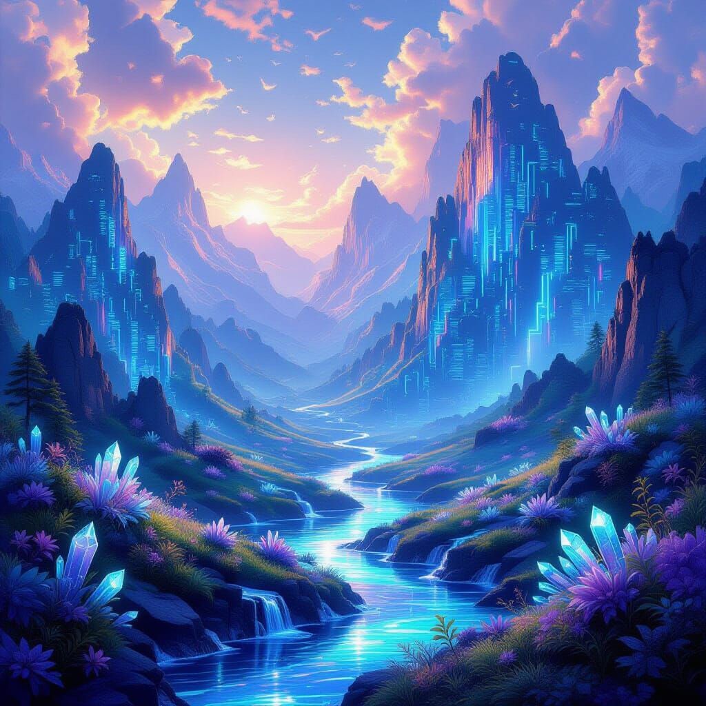 Digital Code Mountains Flowing Data Rivers Landscape