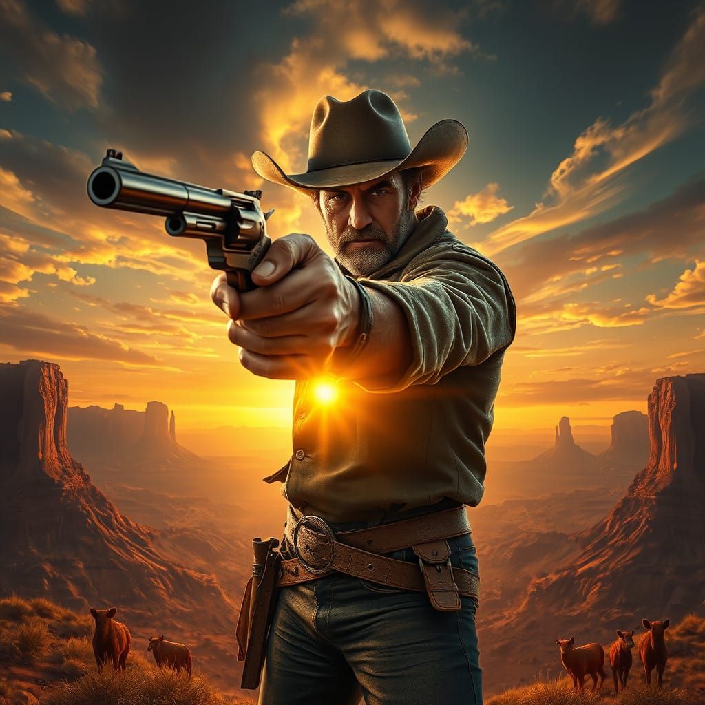 Rugged Cowboy in a Fantastical Sunset Landscape
