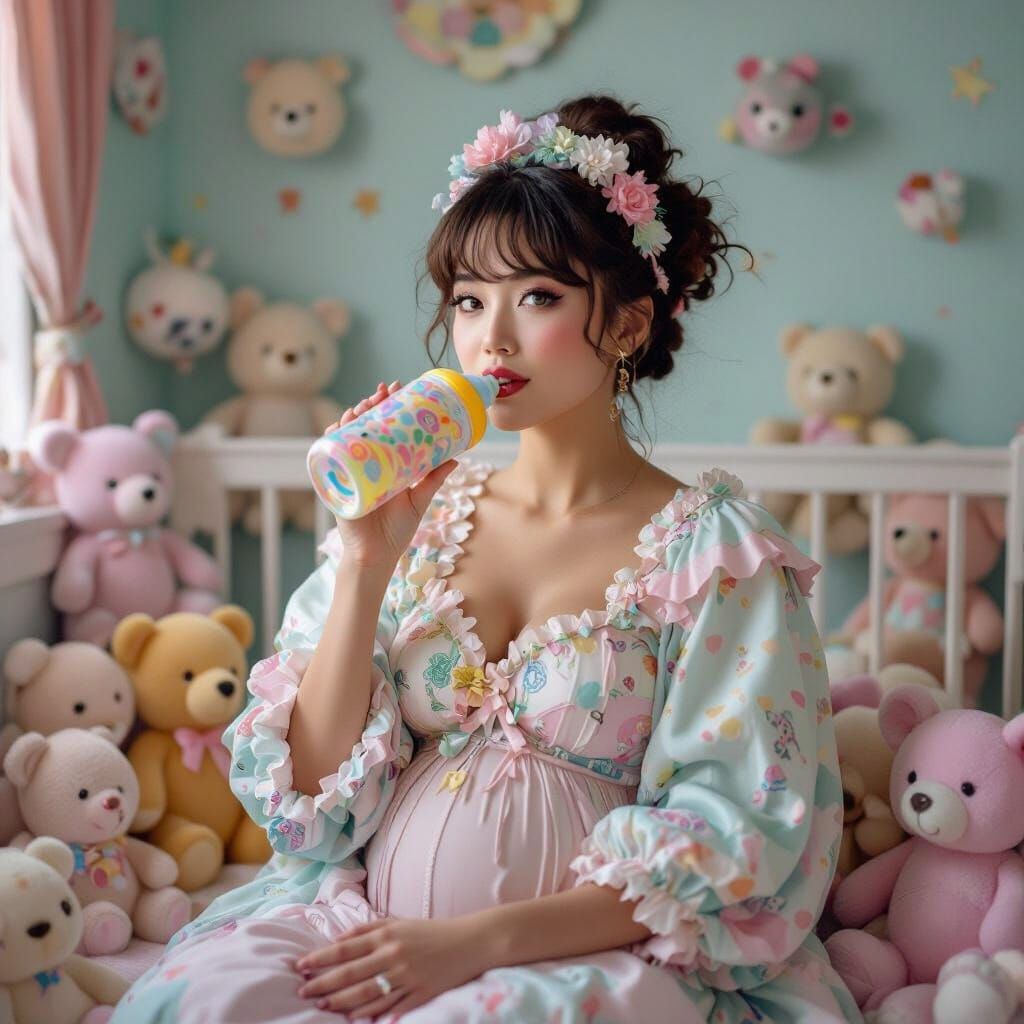 Woman Sipping Baby Bottle in Dreamlike Nursery