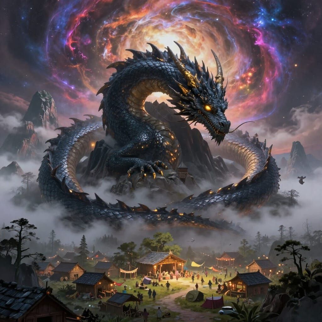 Colossal Dragon Sleeps on Mountain Peak in Nebula Sky