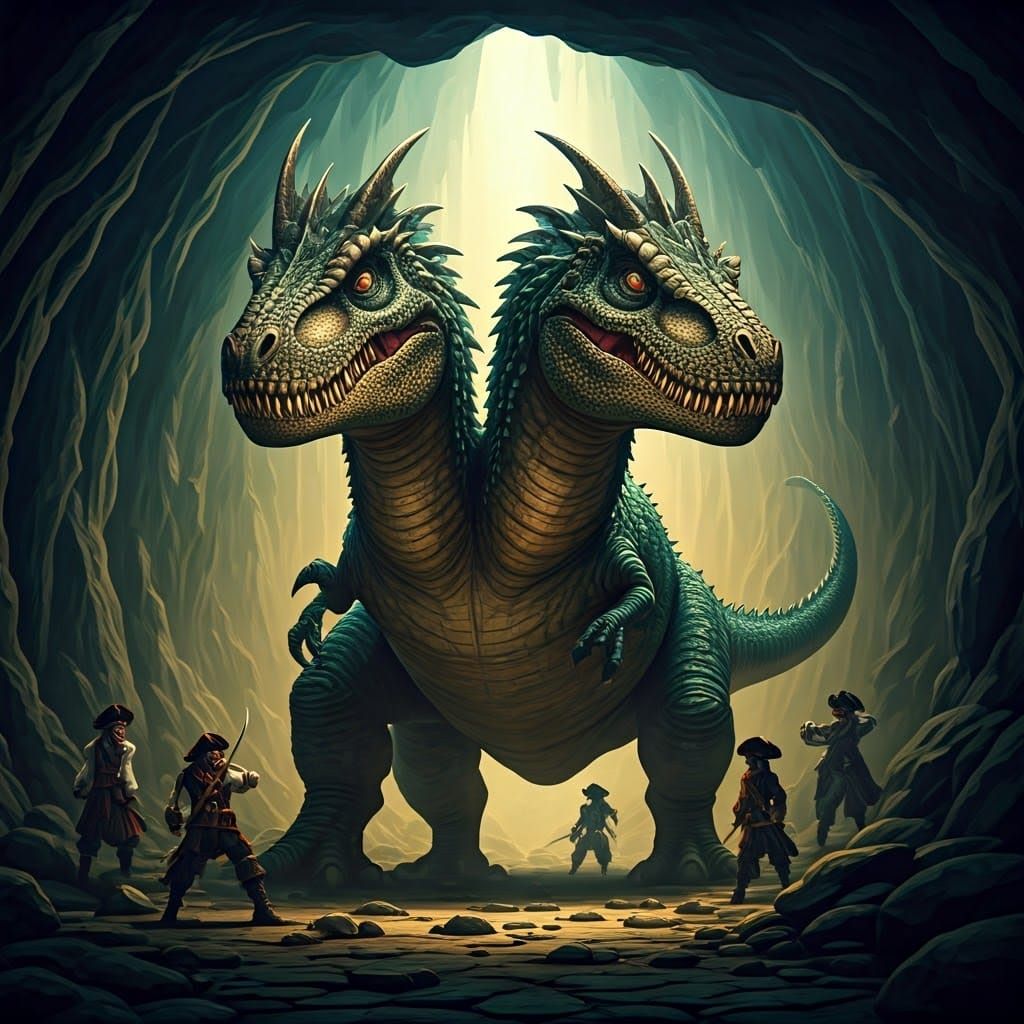 Two-Headed Dinosaur vs Pirates in a Cave
