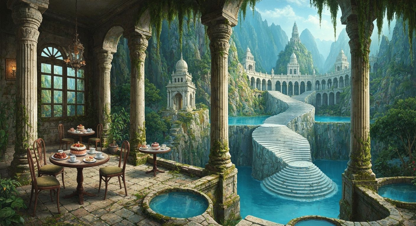 Ethereal Mountain Temple Cafe in Deep Dark Oil Style