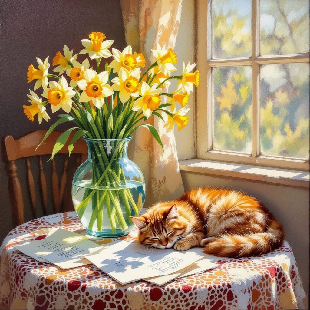 Cozy Still Life: Daffodils and Sleeping Cat