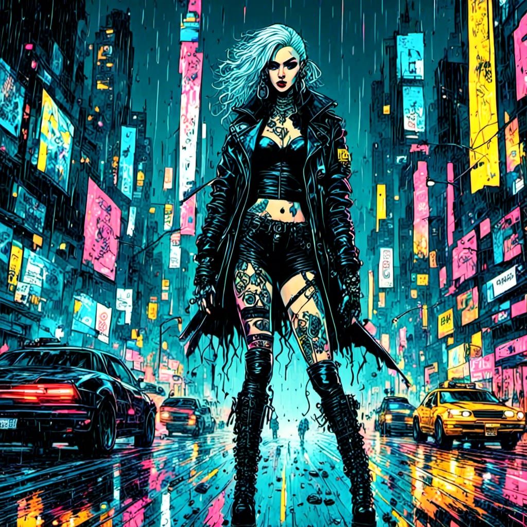 Cyberpunk Biker Queen and Great Dane