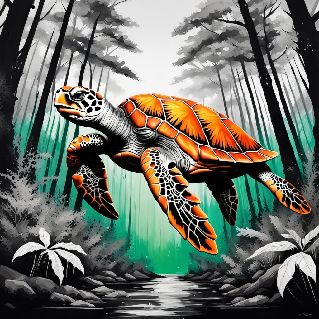Green and Orange Sea Turtle in Dystopian Forest