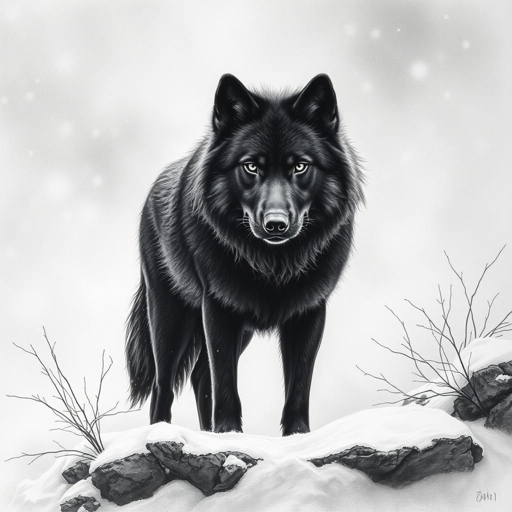 Majestic Black Wolf in Winter Charcoal Drawing