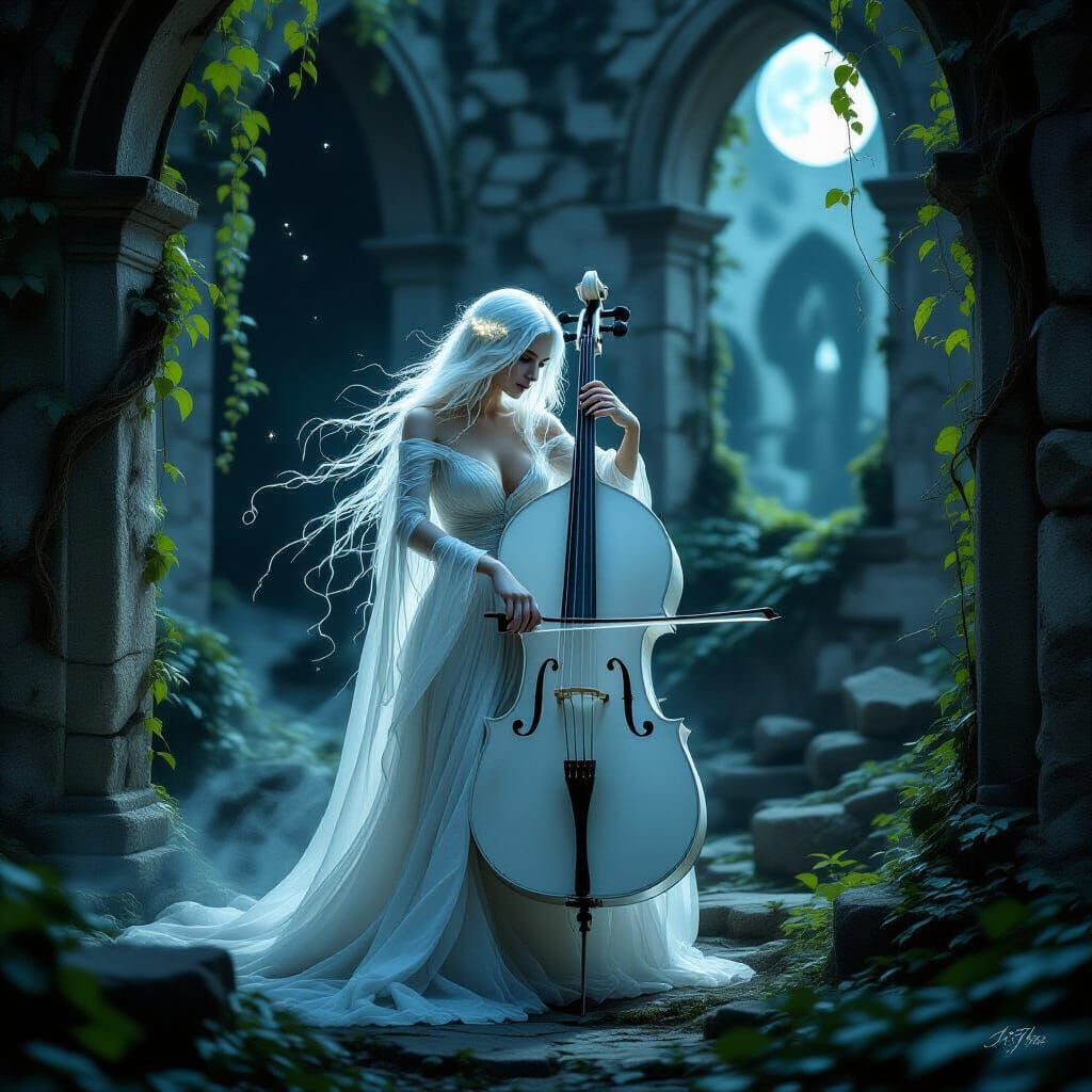Ghostly Cellist in Moonlit Ruins