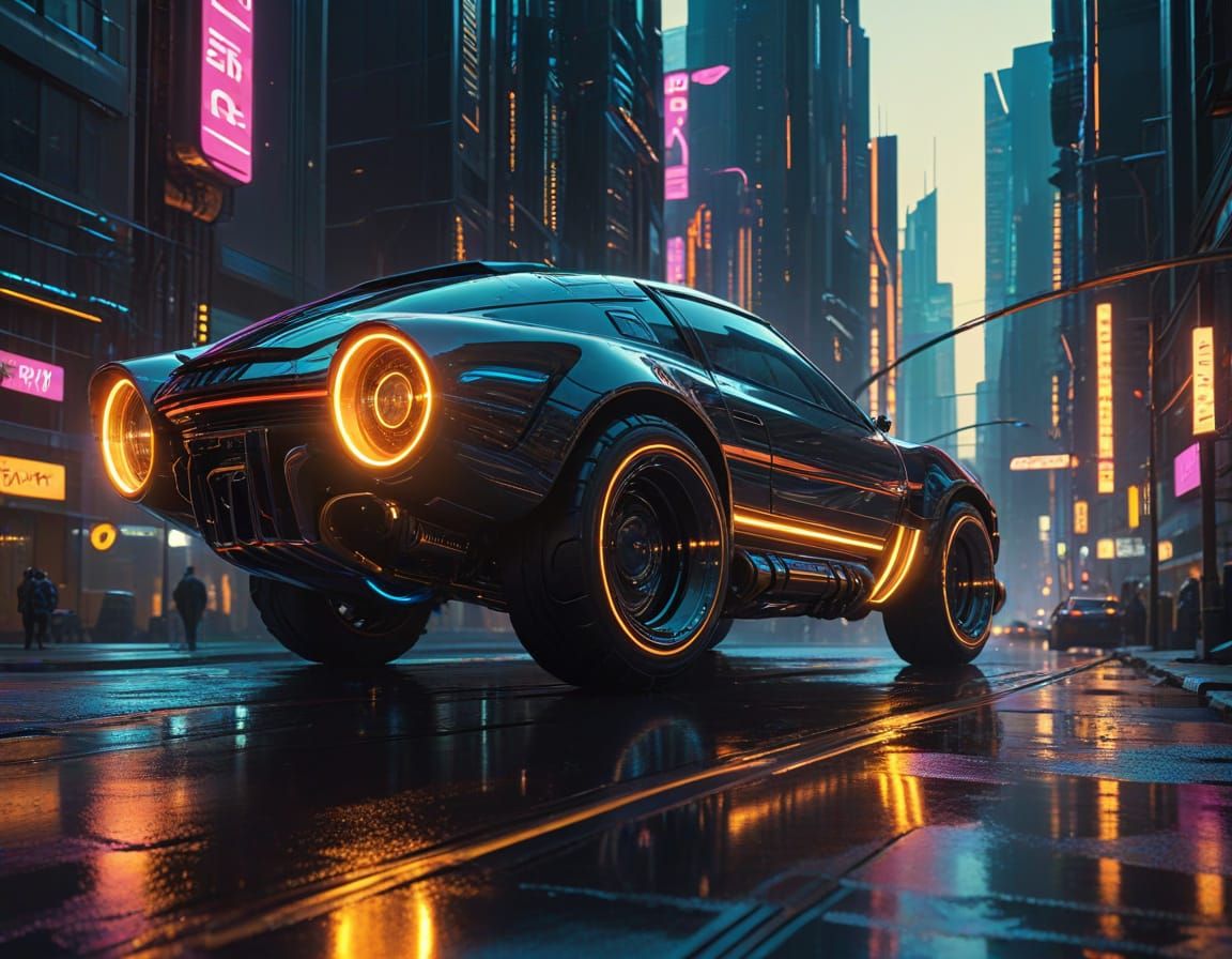 Cyberpunk Metropolis at Dusk, with Neon Lights and Holograph...