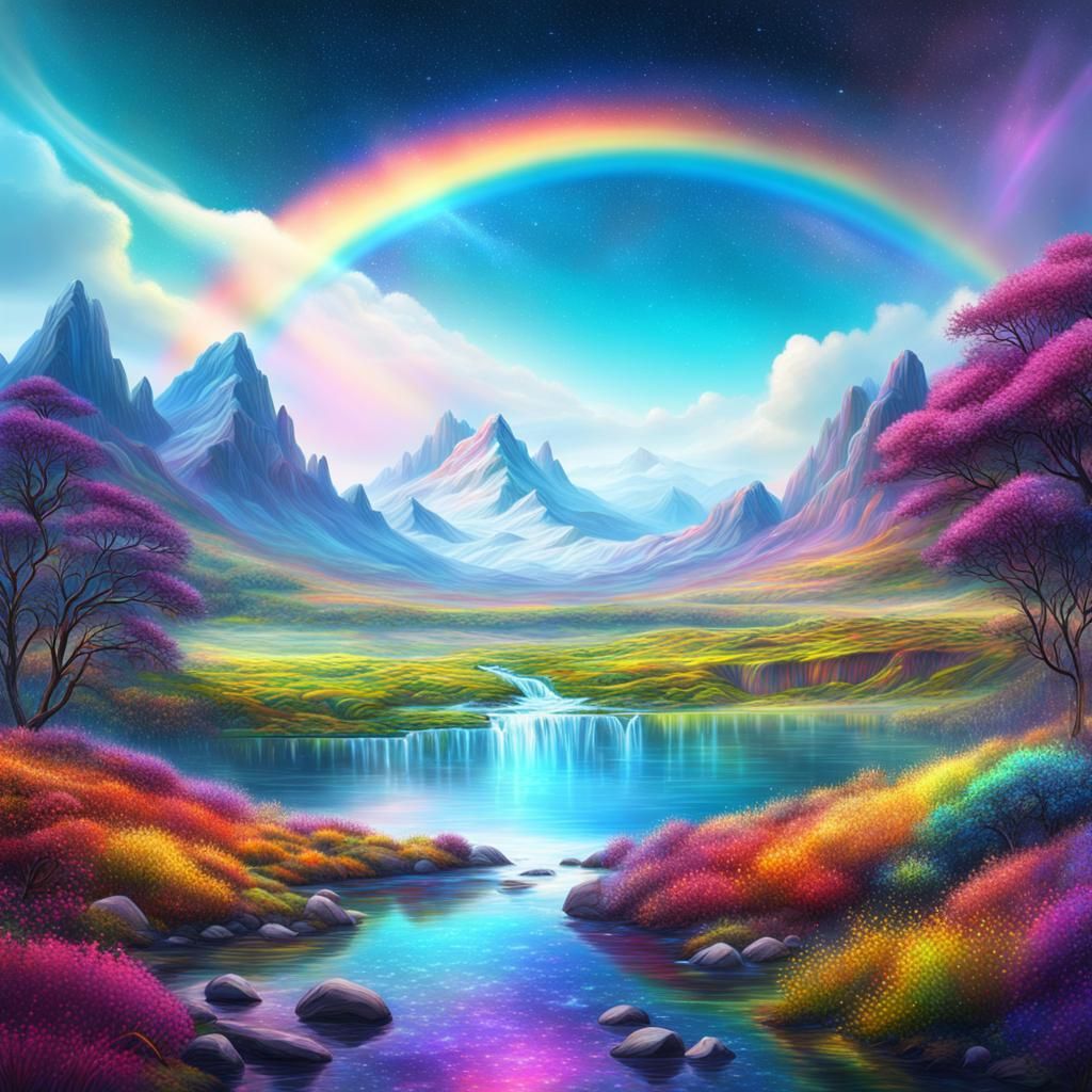 a beautiful landscape with a perfect rainbow realistic style