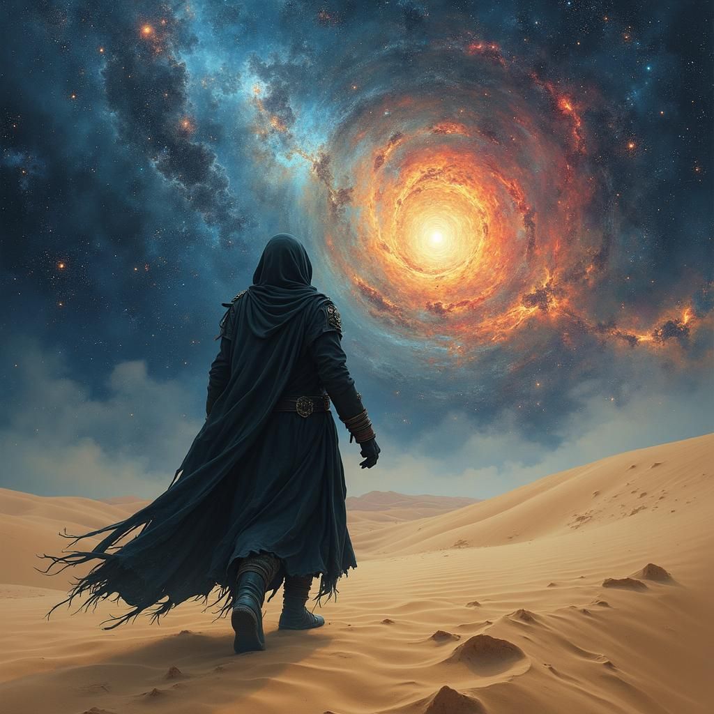 Cloaked Figure Under Galaxy in Digital Art Style