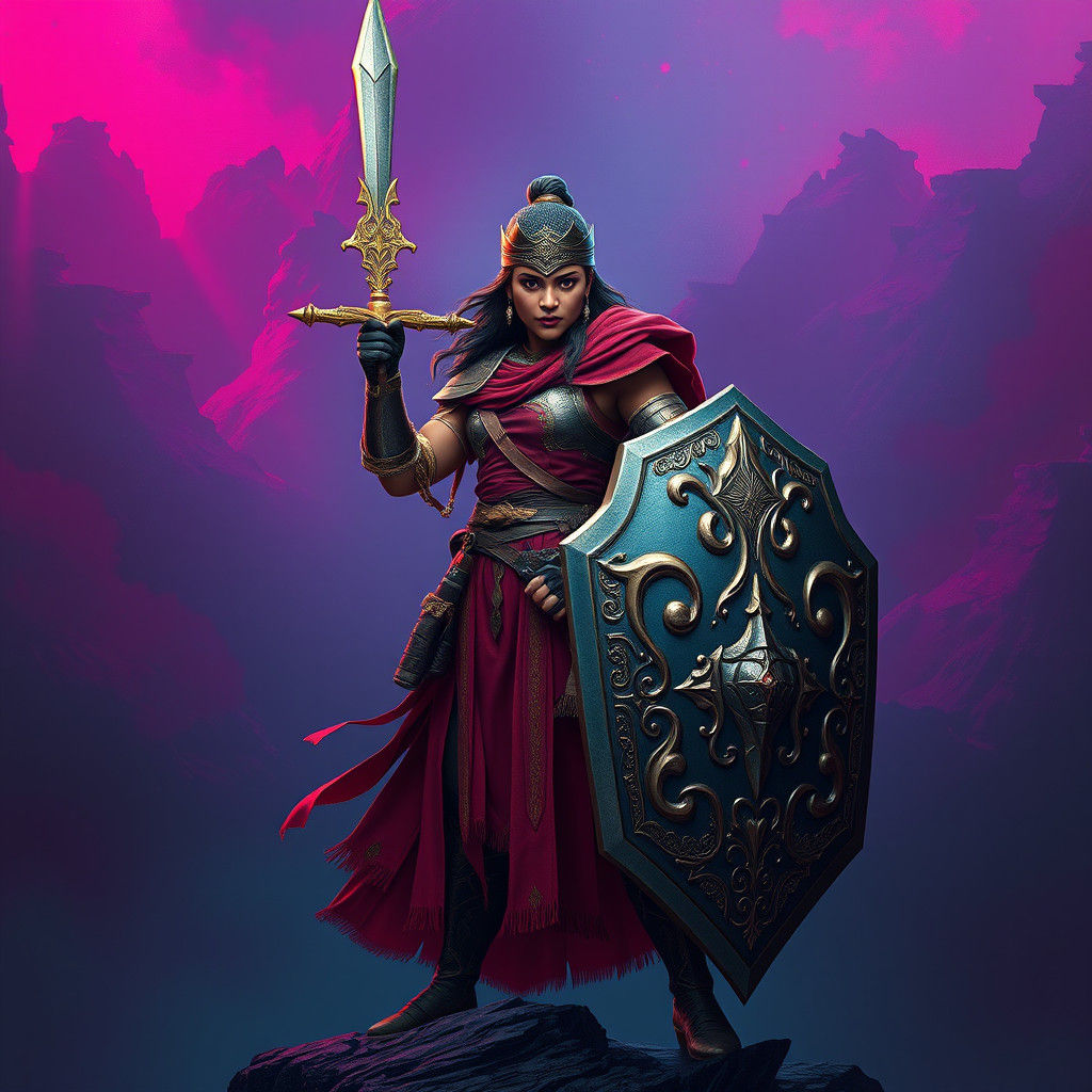 Fierce Indian Warrior with Sword and Shield