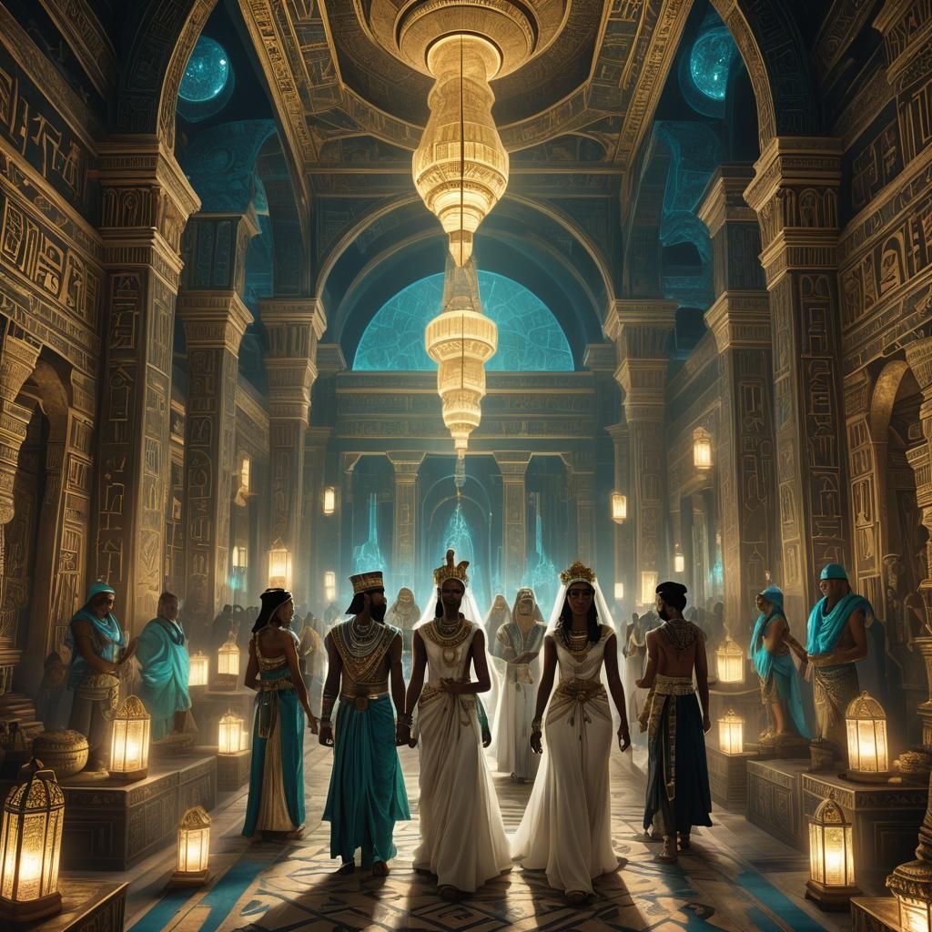 Fractal recursive bioluminescent lanterns casting an ethereal glow on an ancient Egyptian pharaoh's wedding ceremony