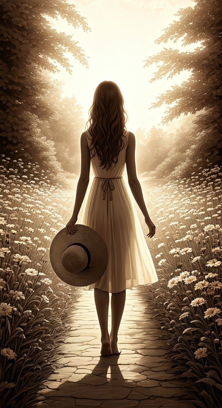 Elegant Woman in Sundress: Monochromatic Ink Drawing