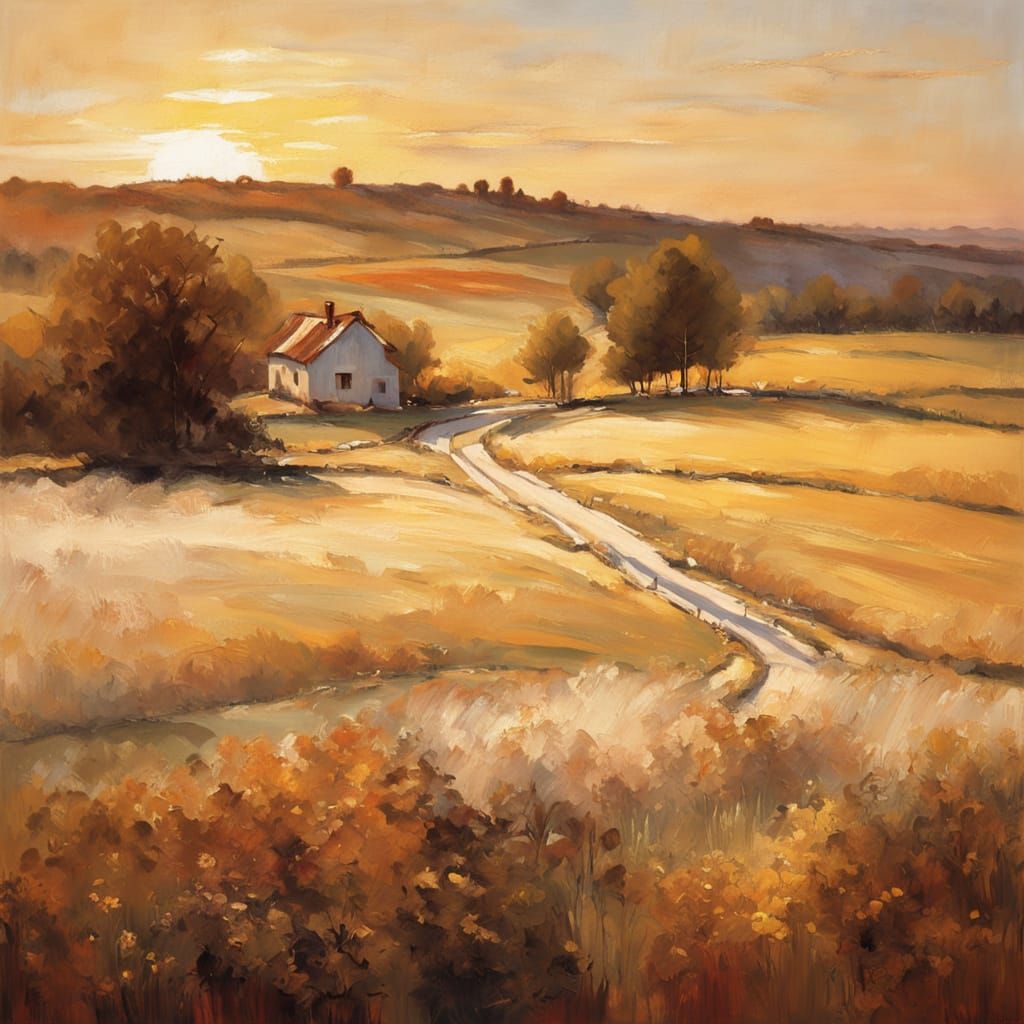 Impressionist Landscape with Farmhouse in Golden Hour Light