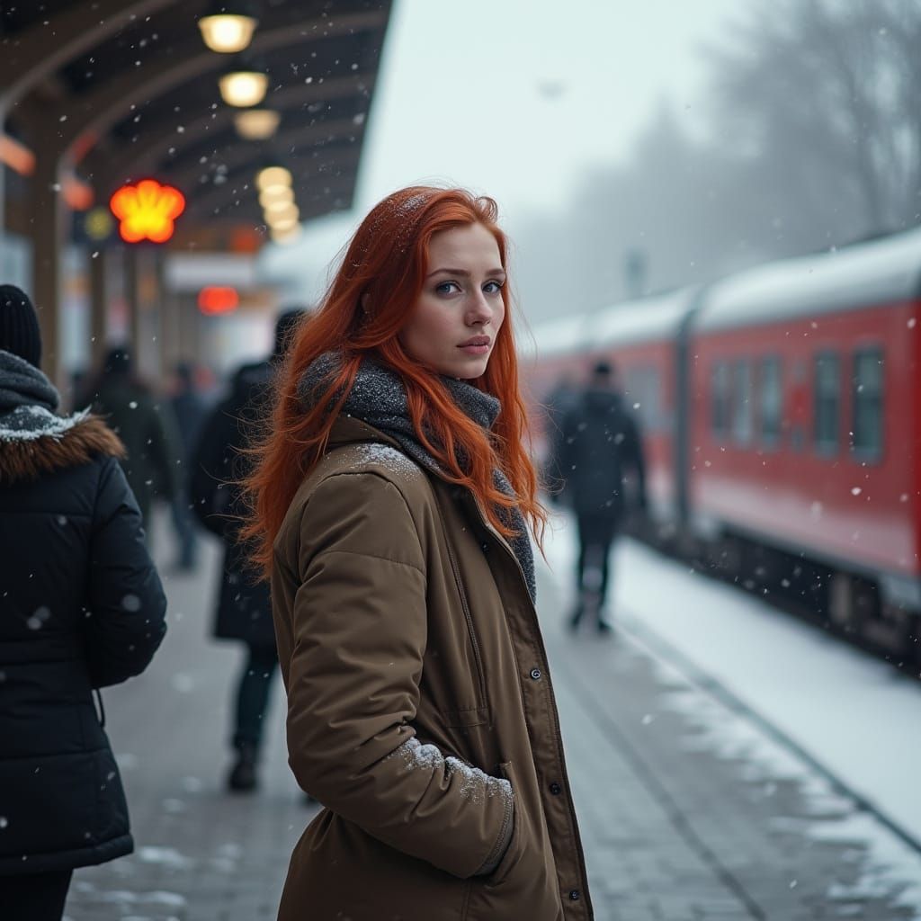 Red-Haired Woman at Snowy Berlin Train Station