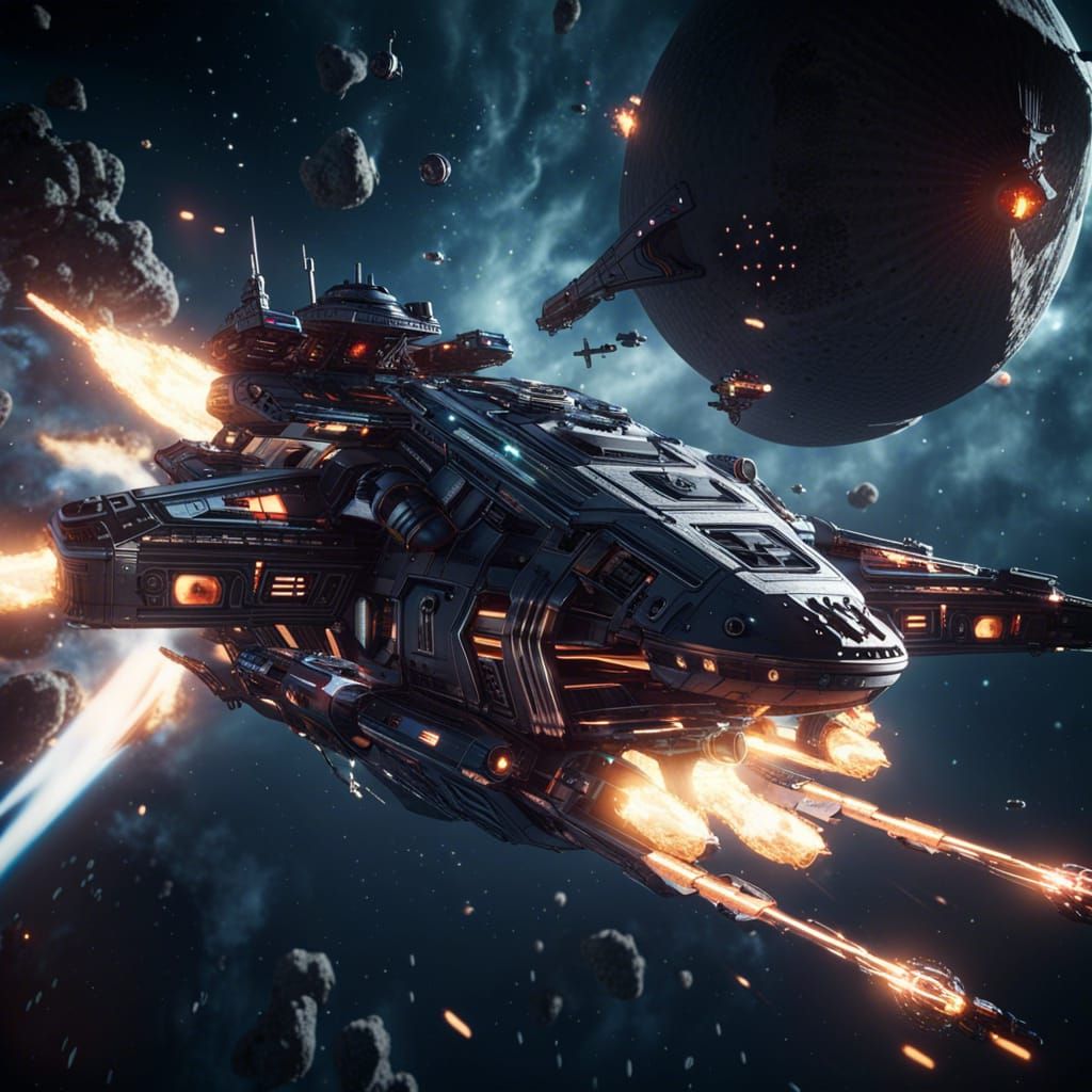 Ominous Pirate Spacecraft Attacks Cruiser in 3D