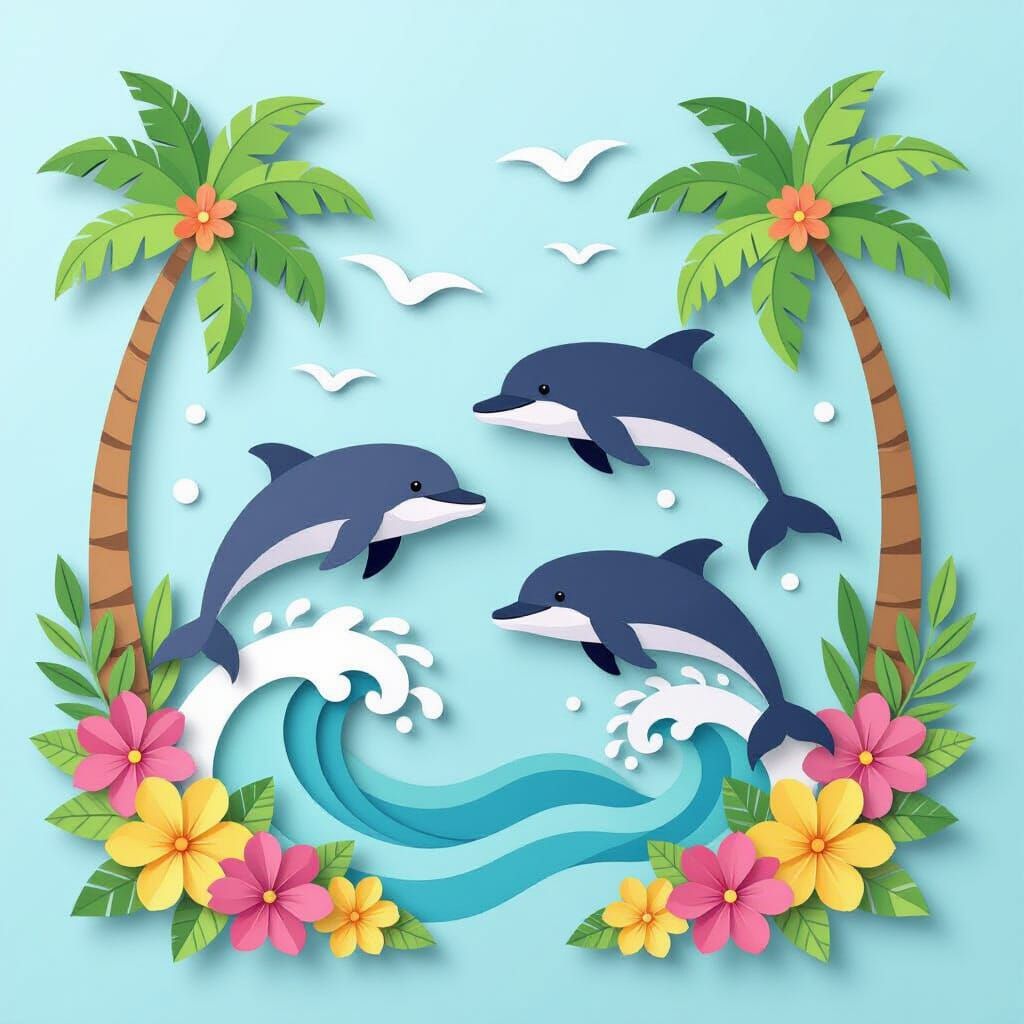 Dolphins Leap Over Waves in Layered Paper-Cut Art Style