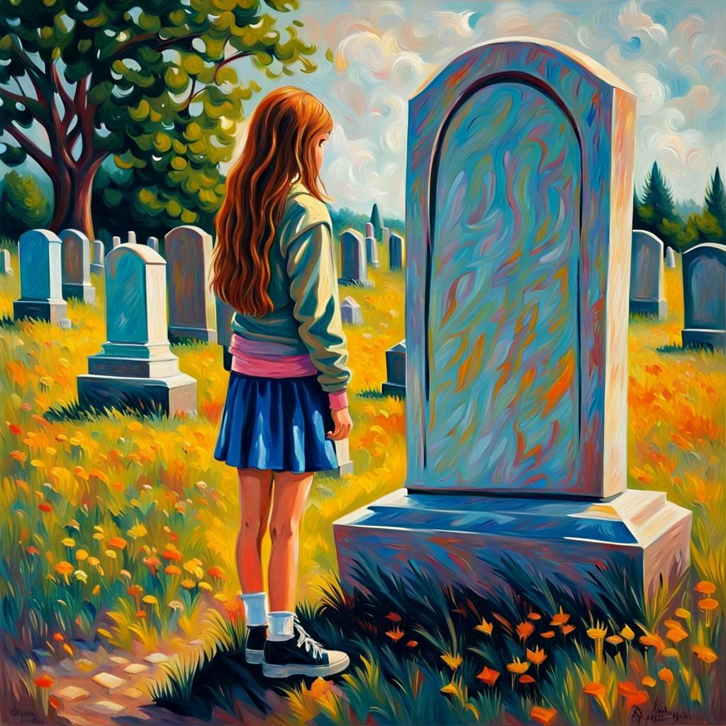 Teenage Girl at Headstone: Impressionistic Oil Painting