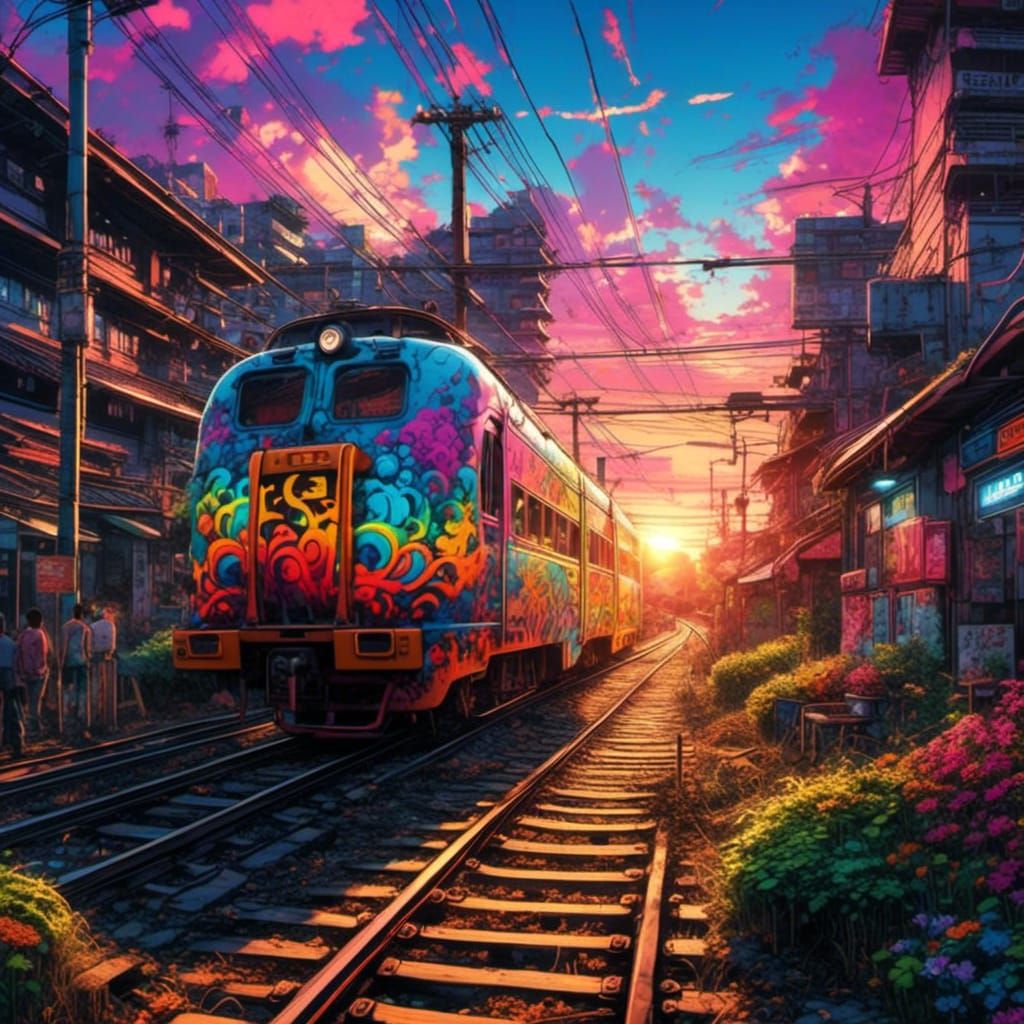 Anime Graffiti Train at Sunset: Ghibli-Inspired Art