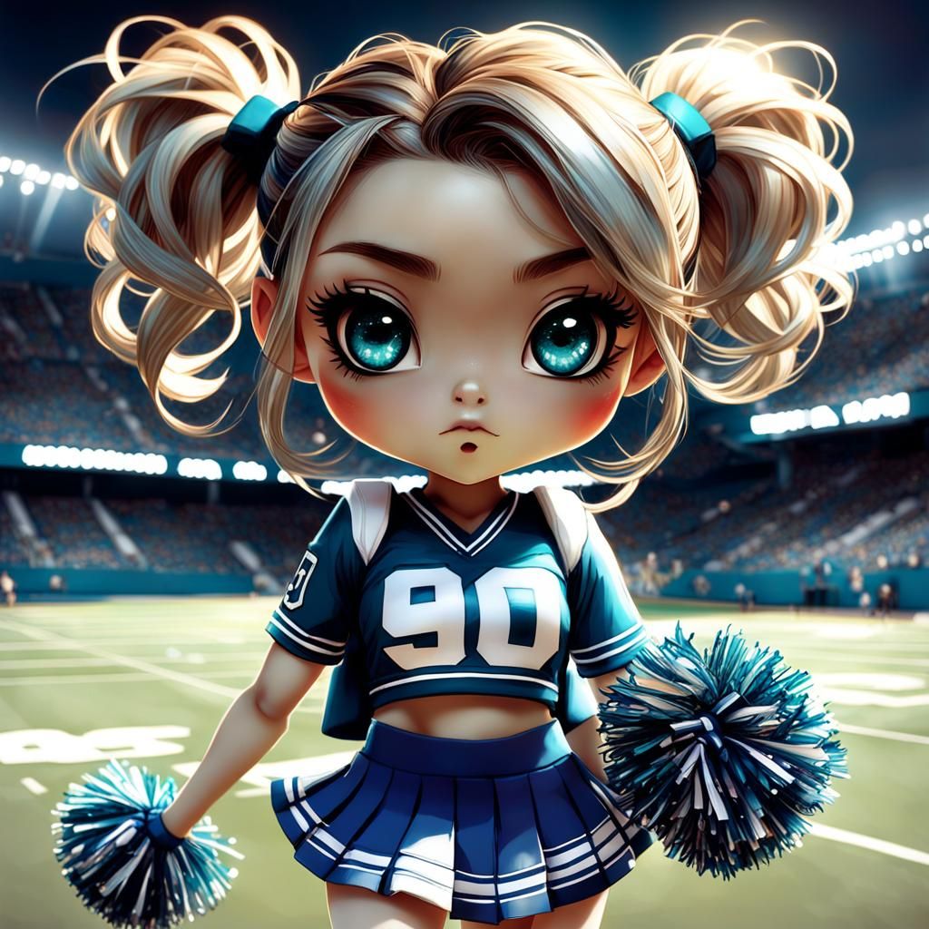 Chibi Cheerleader with Expressive Eyes on Football Field