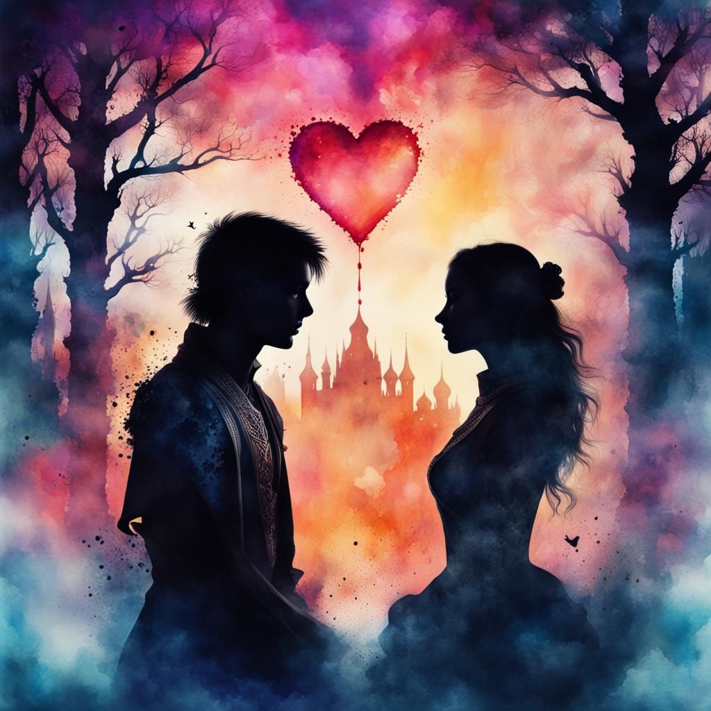 Watercolor Double Exposure of Young Love: Fantasy Art