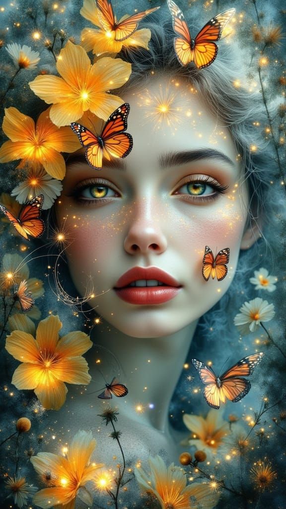 Joyful Woman's Face with Floral Cascade