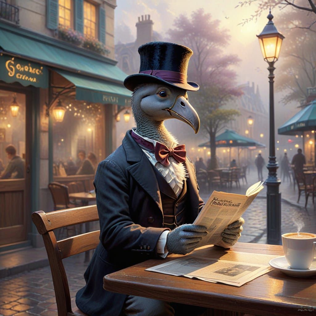 Dodo Bird in Paris Cafe, Whimsical Concept Art