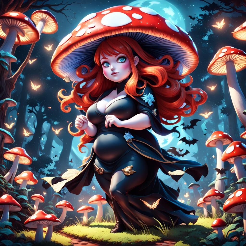 Anime Mushroom Woman in Magic Forest, Digital Art