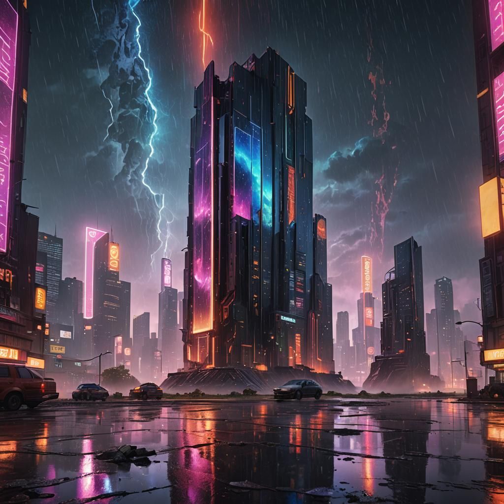 Mirrored Monolith Under Neon Lit Polluted Sky