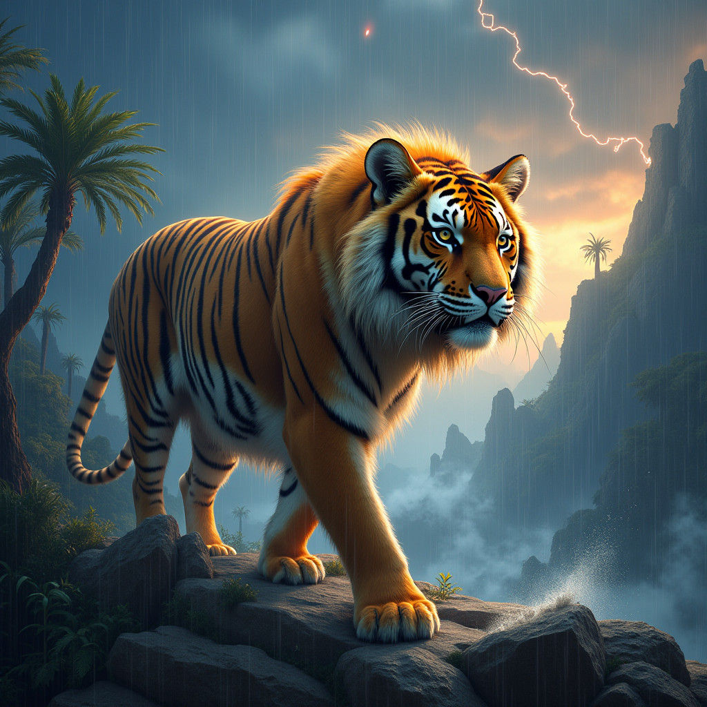 Tiger in Storm, Dreamlike Landscape, Digital Matte Painting