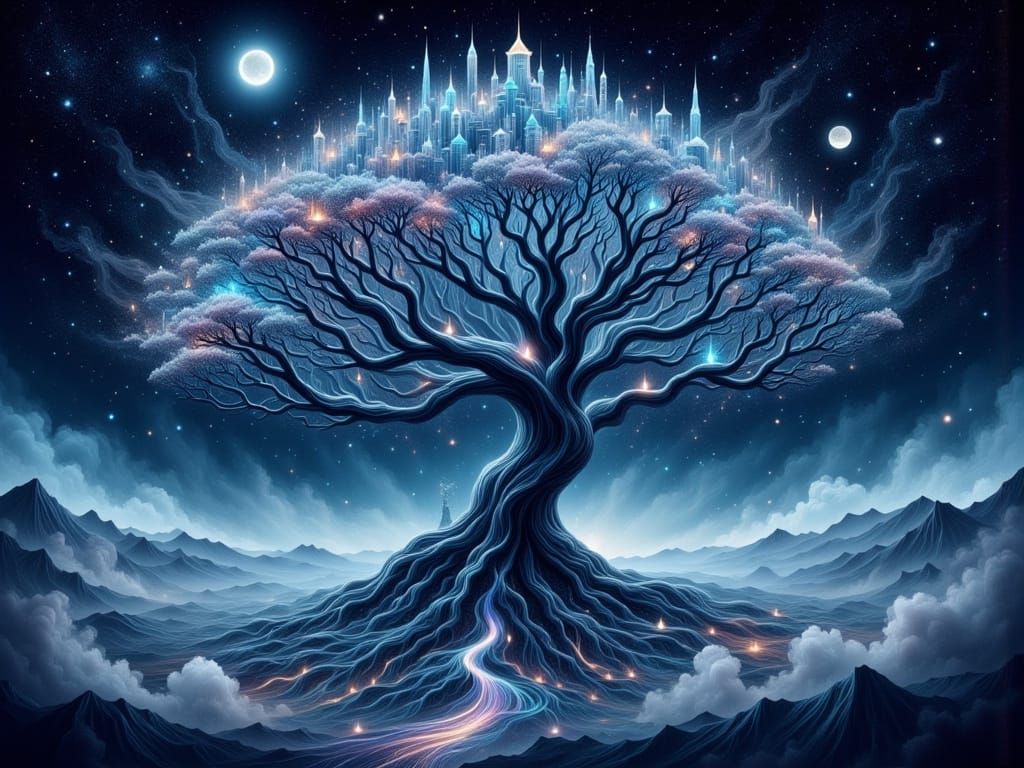 Sapphire Cities Adorn Ancient Cosmic Tree