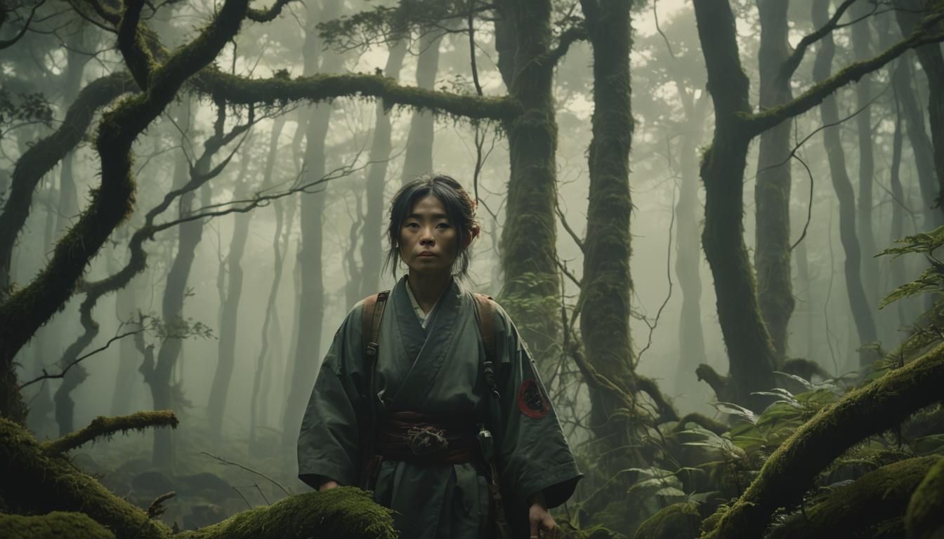 Japanese Woman with Tengu in Misty Forest