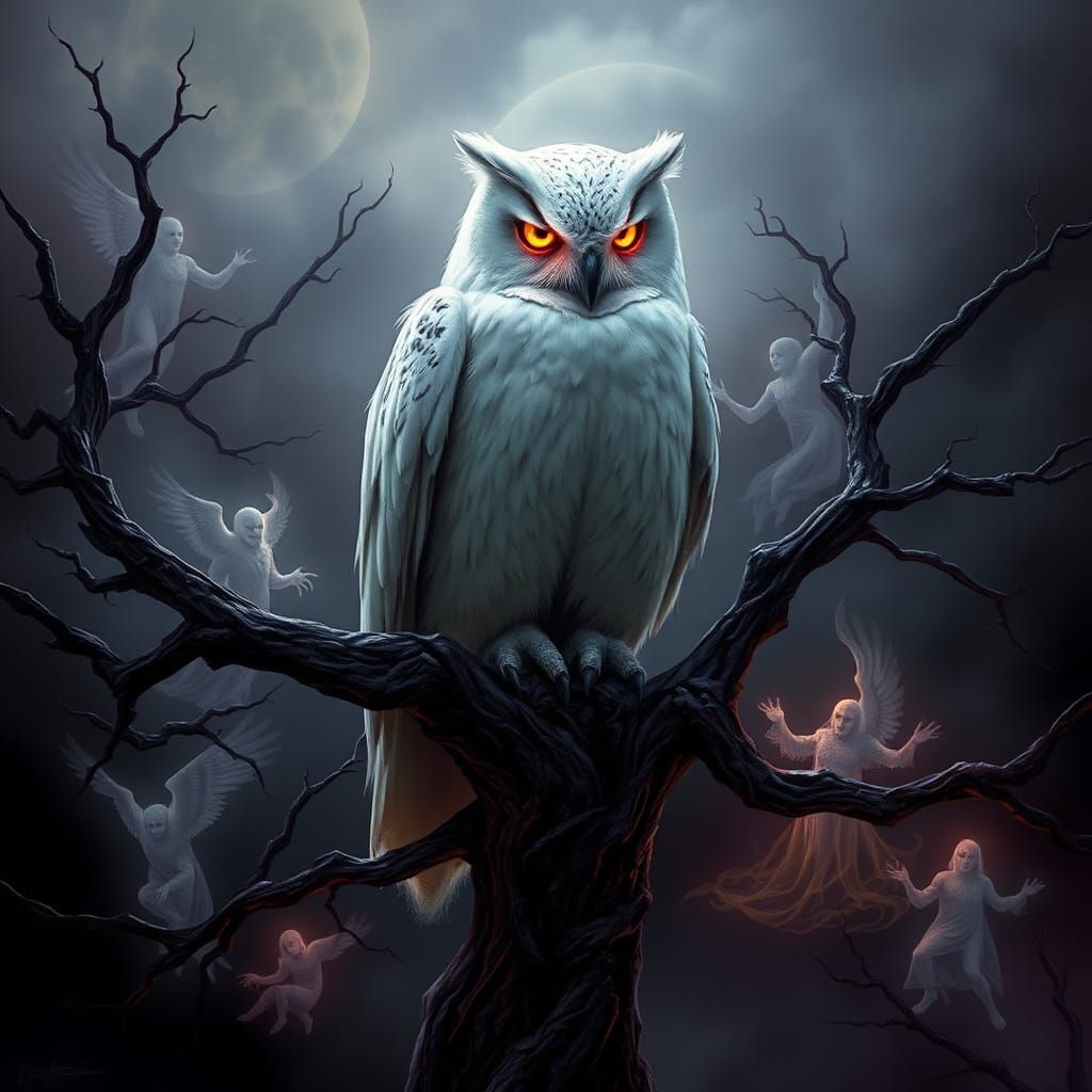 Haunting White Owl in Gothic Horror Style