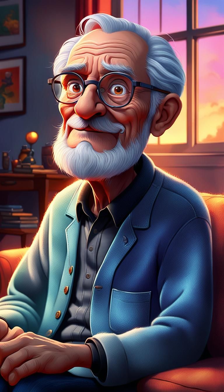 Old Man in Living Room, Disney Pixar-style
