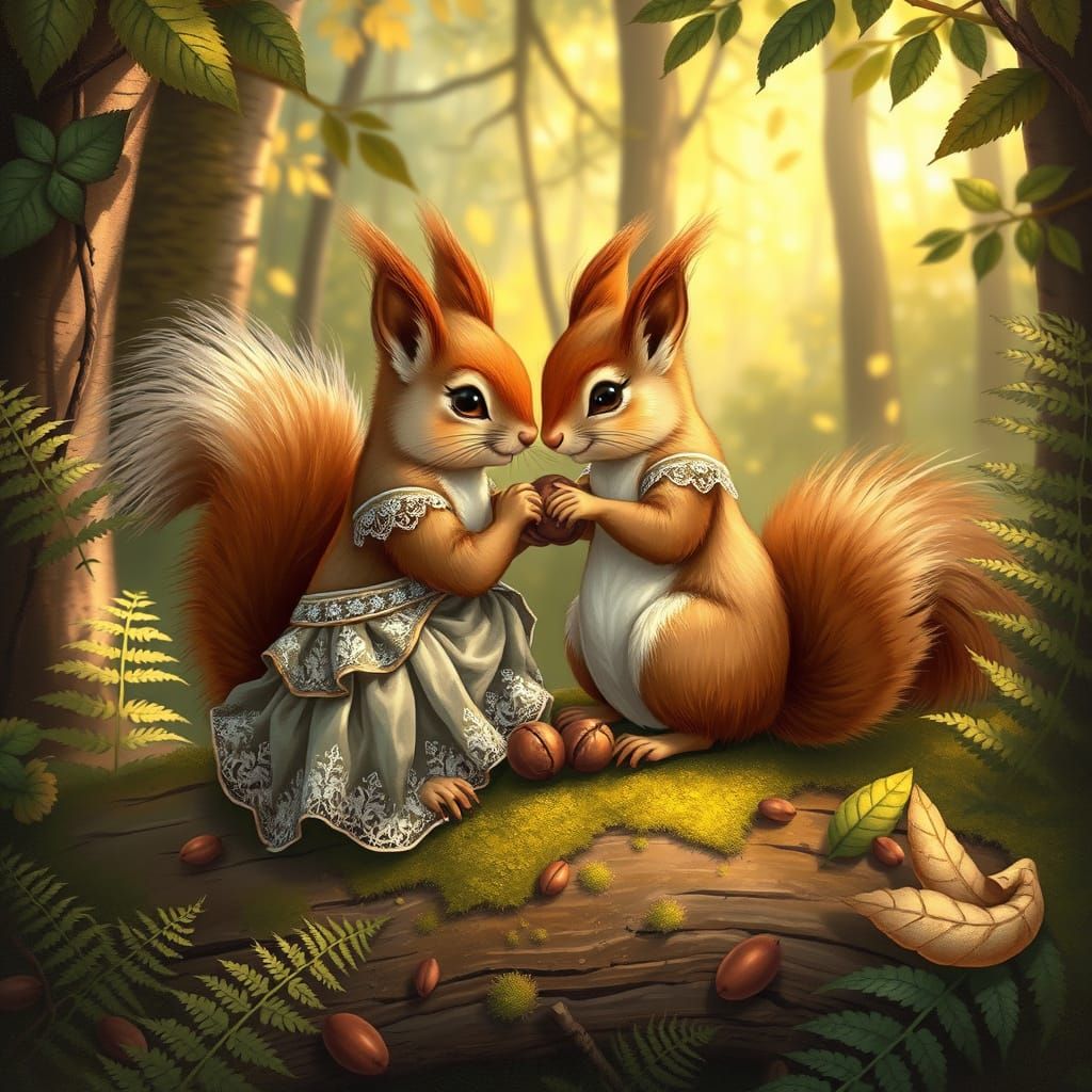 Whimsical Squirrels in 18th-Century Attire Amidst Lush Fores...