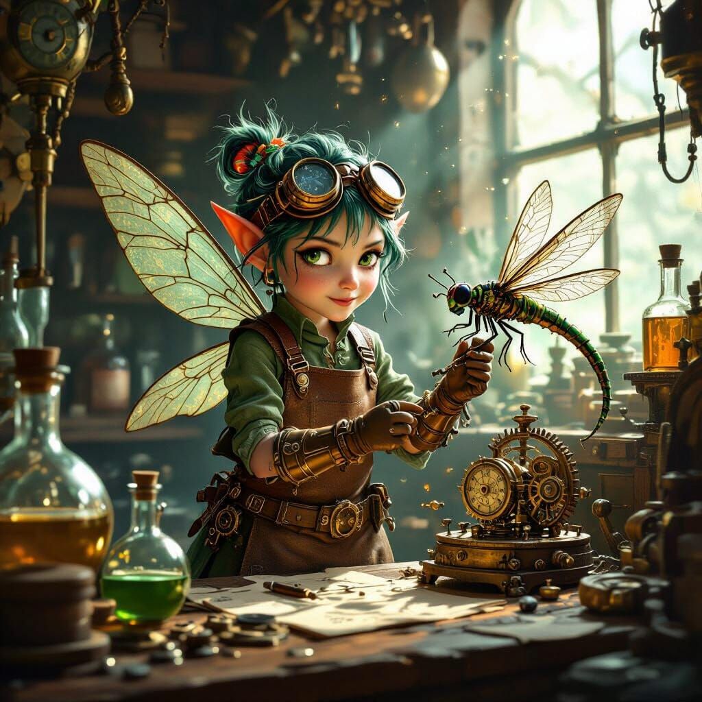 Pixie Tinkering with Clockwork Dragonfly in Workshop