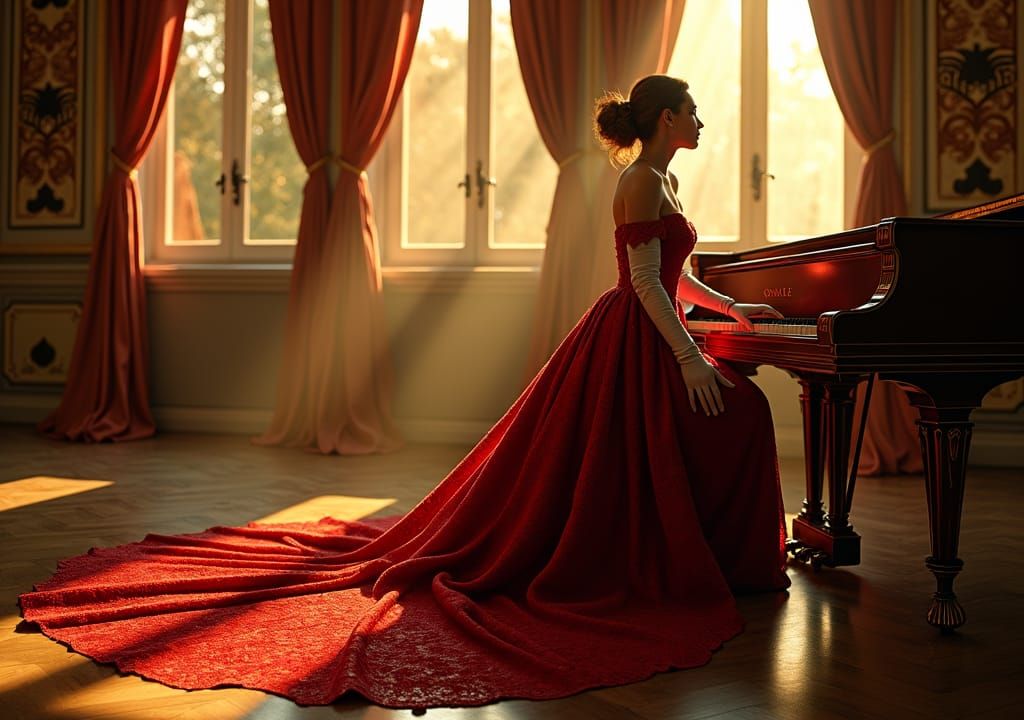 Woman at Piano in Opulent Salon, Art Deco Style