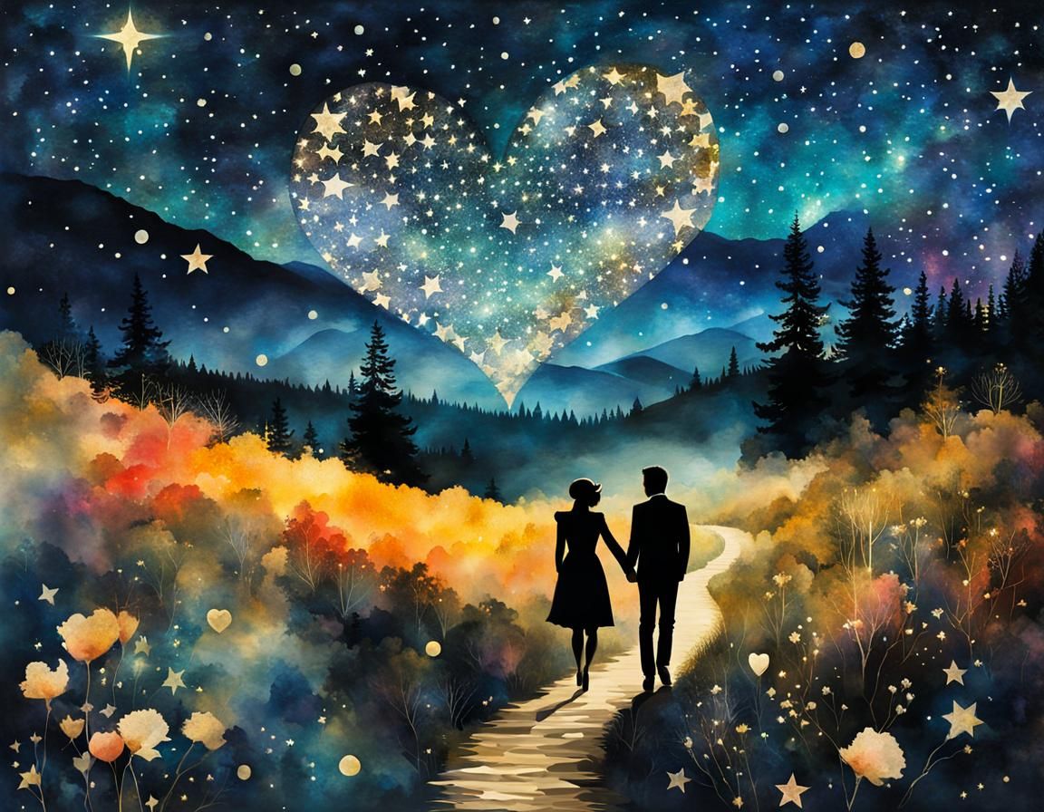 Romantic Starry Night Walk: Heart Constellation Art