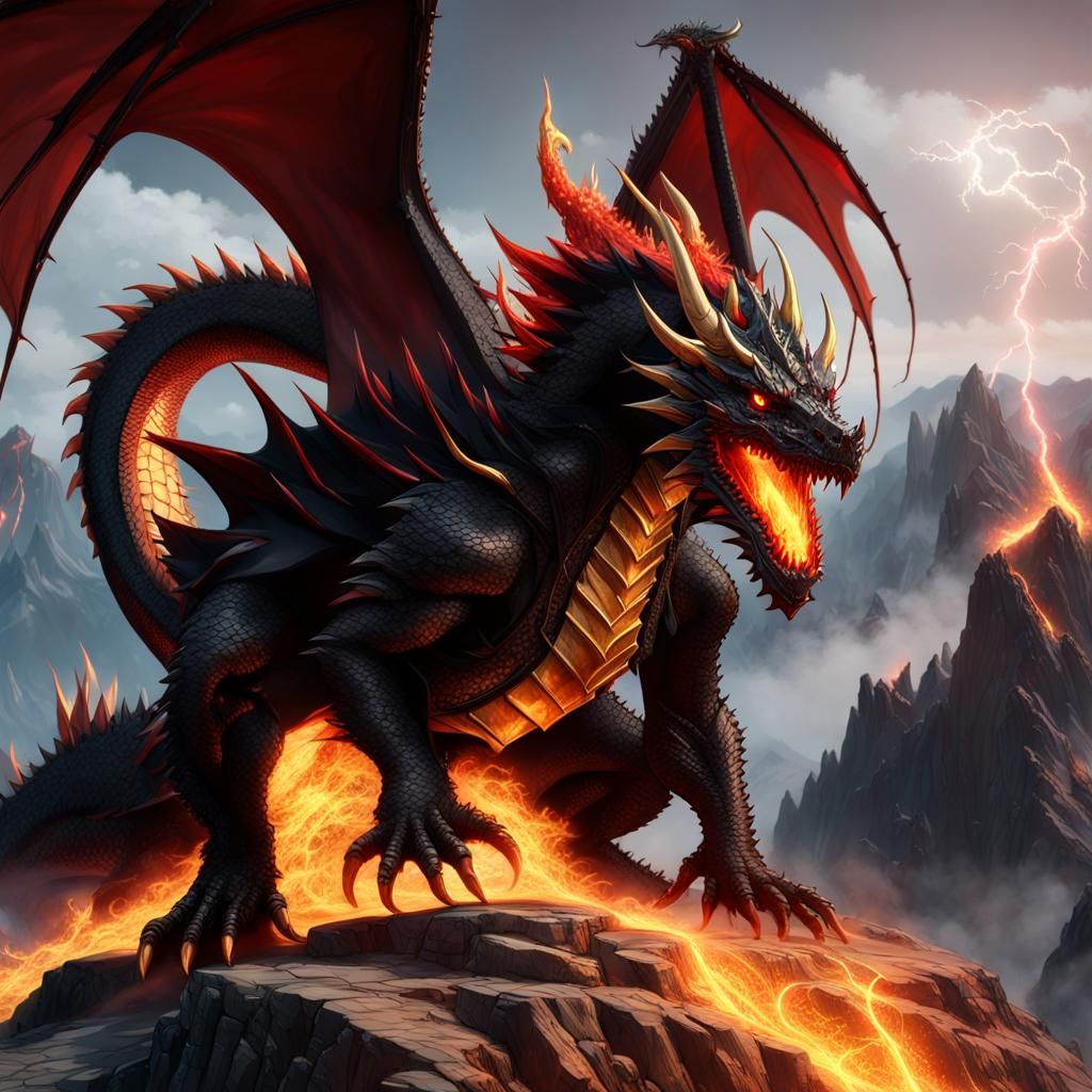 Armored Black Dragon Spitting Fire, Fantasy Art