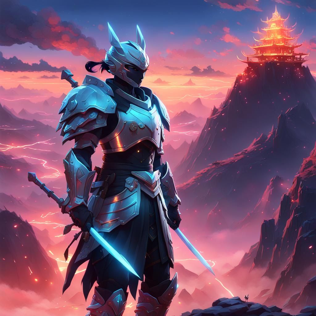 Armored Warrior on Mystical Mountain in 3D Anime Art