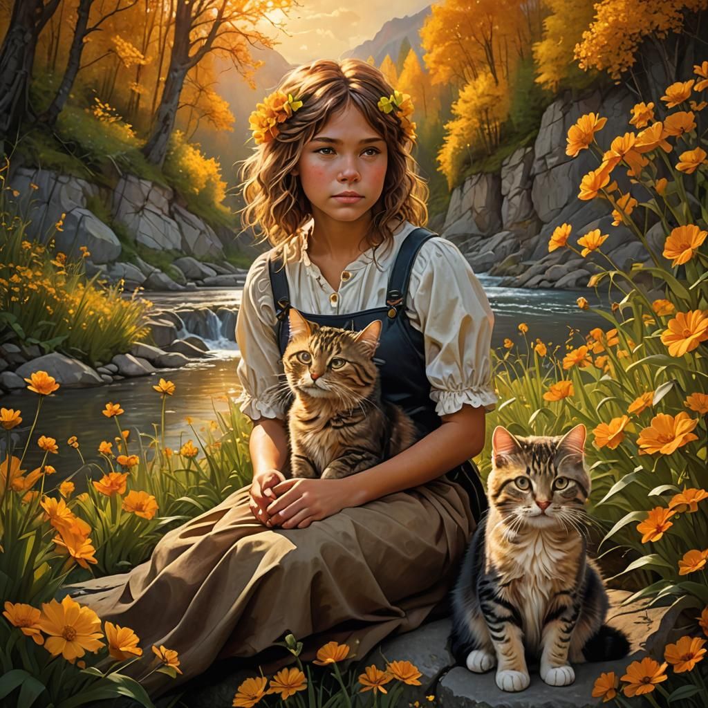 Girl with Cat in Mystical Bavarian Landscape