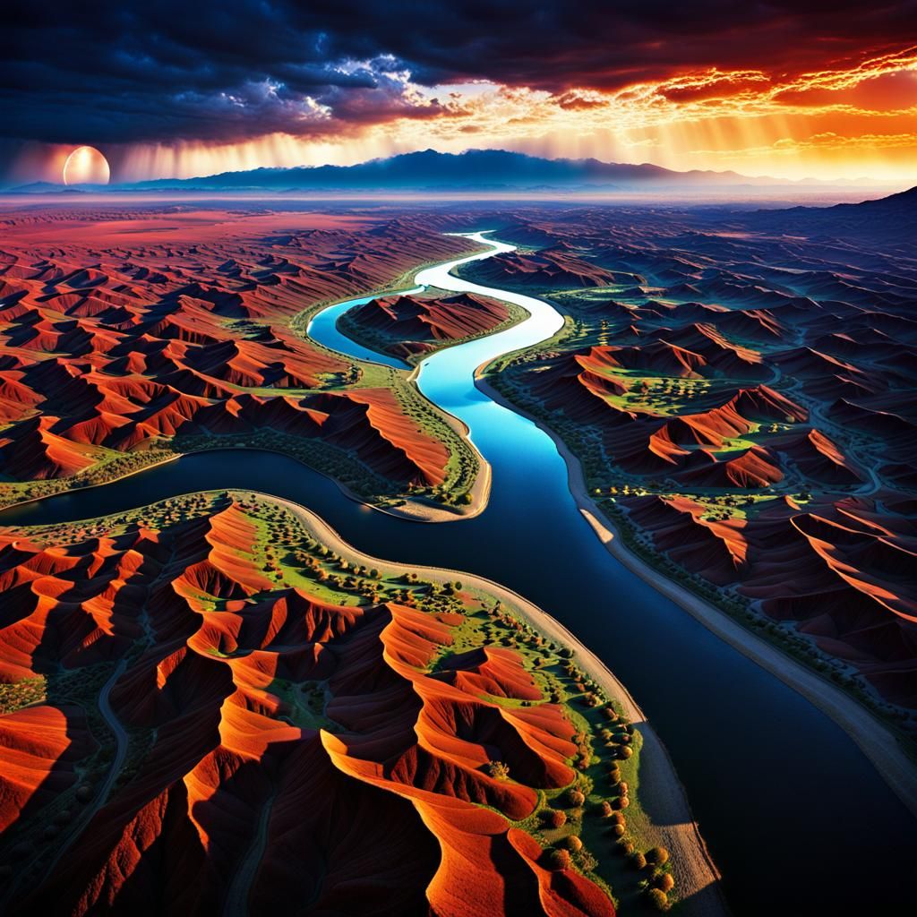 Huge river flowing through strange desert landscape