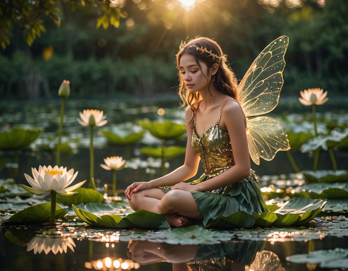 Fairy on Lily Pad in Serene Lake
