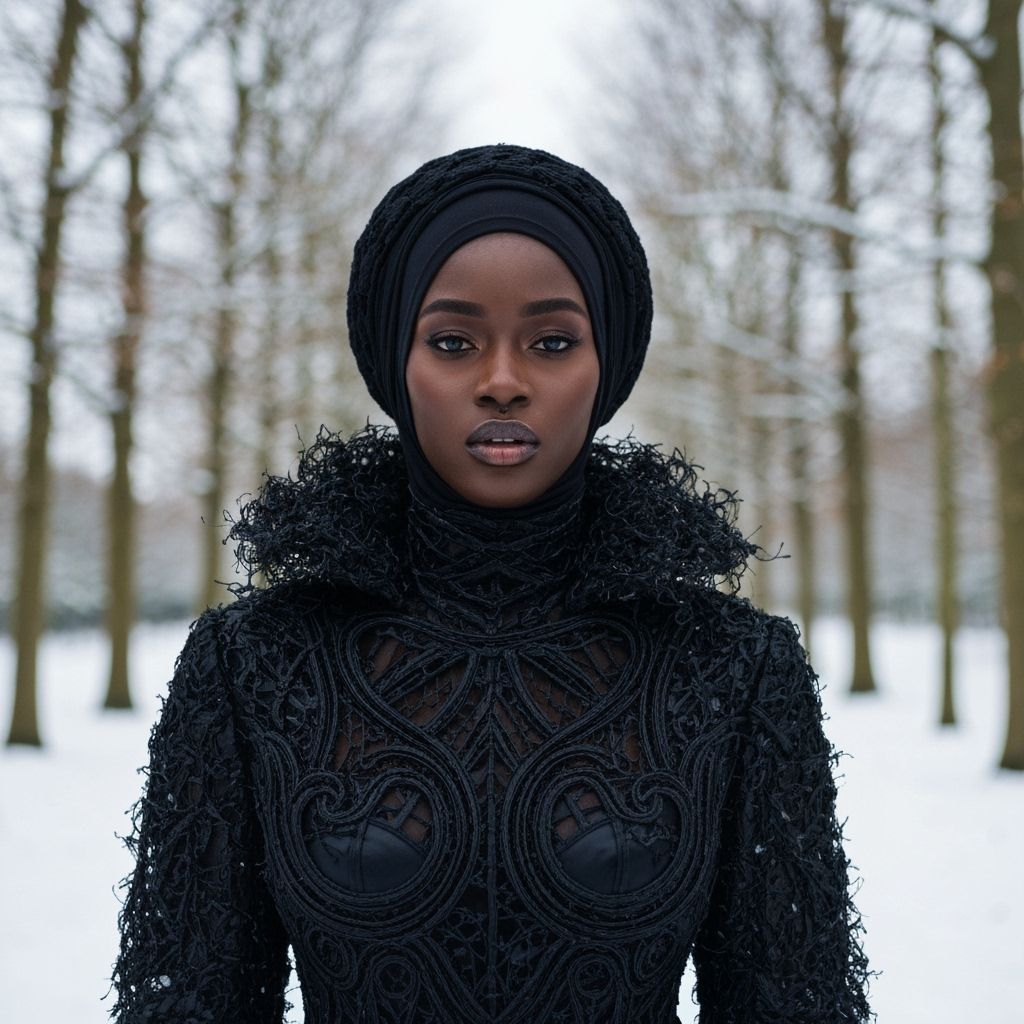 Avant-Garde Black Woman in Snowy Elm Forest