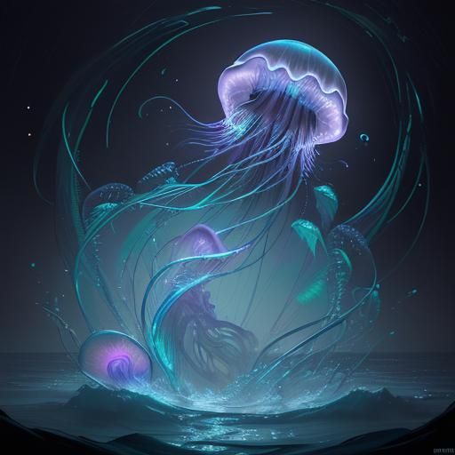 Iridescent Jellyfish Flowing Through Moonlit Ocean